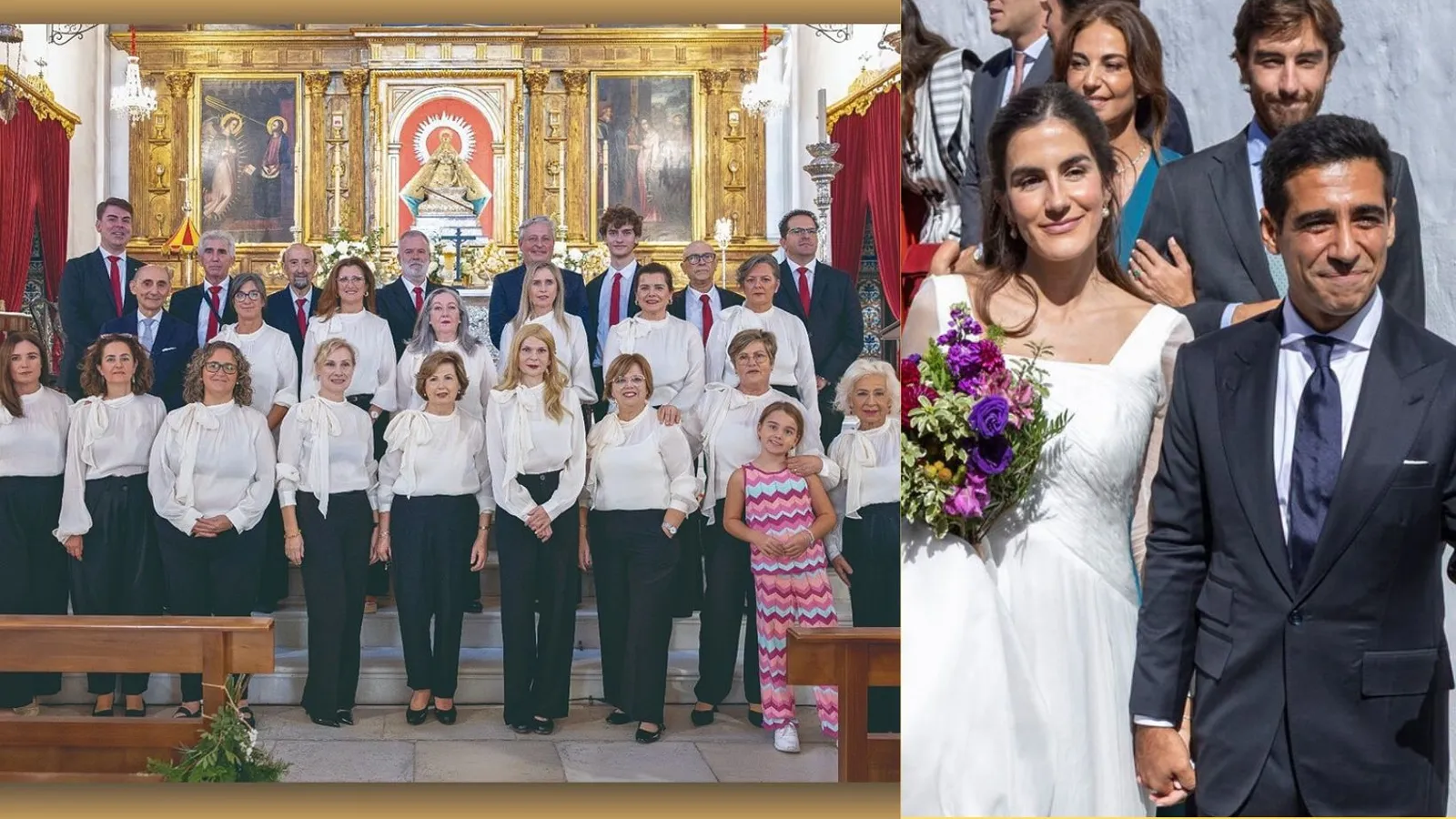La Coral Polifónica de Moguer posa en la basílica junto a una imagen de Alberto Herrera y Blanca Llandres.